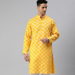 Geometric Embroidered Mandarin Collar Mirror Work Cotton Silk Straight Yellow Kurta